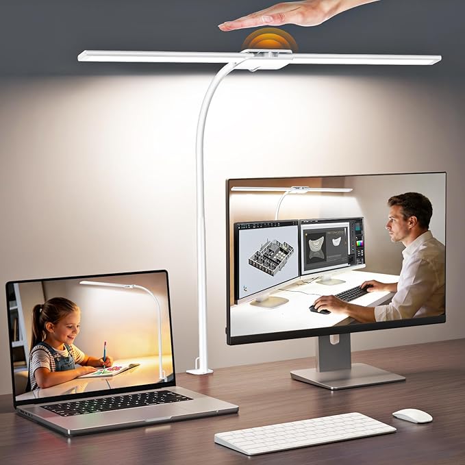 Syrinx LED Desk Lamp, Double Head Gooseneck Desk Lamps for Home Office with Gesture Switch & Wired Control, 12W Bright Modern Desk Light Eye-Caring Office Desk Lamp with Clamp for Crafting Reading