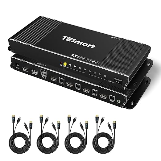 TESmart HDMI KVM Switch 4 Port 4K@60Hz Ultra HD 4x1 with 4 Pcs 5ft KVM Cables Supports Keyboard & Mouse Pass Through USB 2.0 Device (Black)