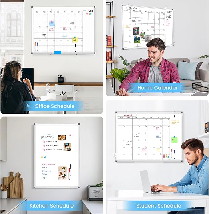 WALGLASS Dry Erase Calendar Whiteboard, 48" x 36" Monthly Large Dry Erase Calendar for Wall, Double-Sided Hanging White Board with Silver Aluminum Frame for Home, School, Office, Kitchen