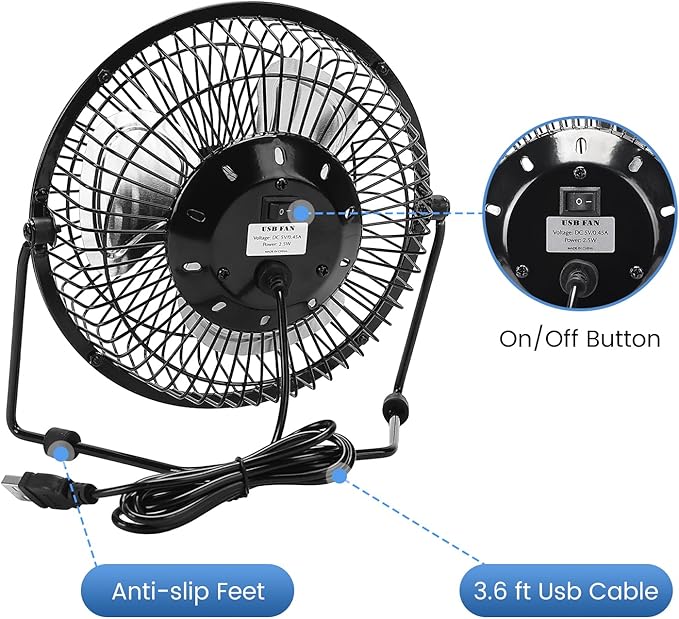 Fanspex 6" USB Desk Fan, Small Desktop Fans for Home Office Bedroom, Metal Construction with 360° Adjust Tilt, 1800 RPM Fan Speed
