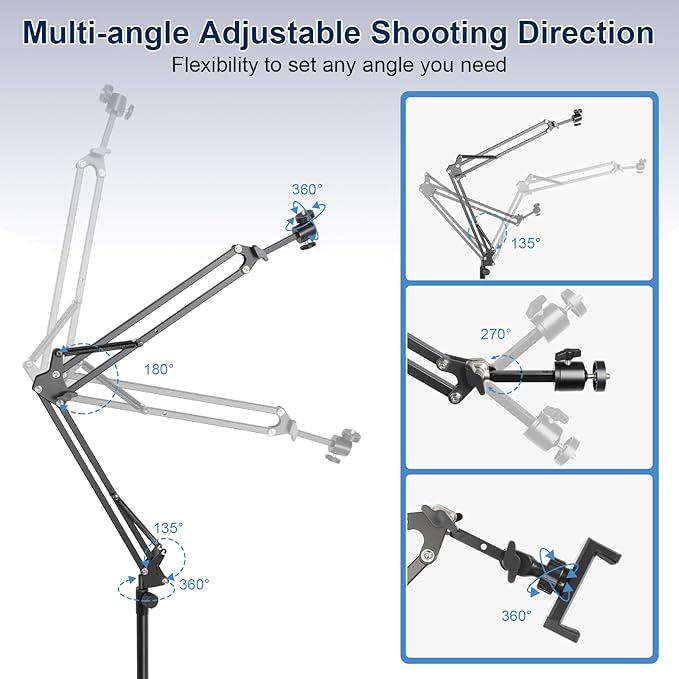 Overhead Camera Mount,Camera Desk Mount with 360° Adjustable Arm and Phone Holder,Max Load-Bearing 5lb,Desk Clamp Stand for Content Creation and Live Streaming,DSLR,Webcam,Mic,Ring Light