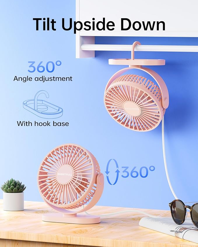 SWEETFULL USB Desk Fan Small Quiet - 3 Speeds Mini Personal Portable Fan 360° Rotation Adjustable, 5.5 Inch Office Table Cooling Gadgets on Desktop (Pink)