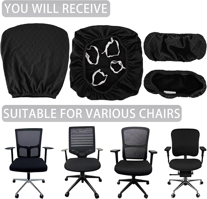 4 Pcs Office Chair Cover Set with 4 Extra Elastic Straps Universal Protective Office Chair Covers Stretchable Desk Chair Cover Office Armrest Cushion Backrest for Rotating Chair (Black)