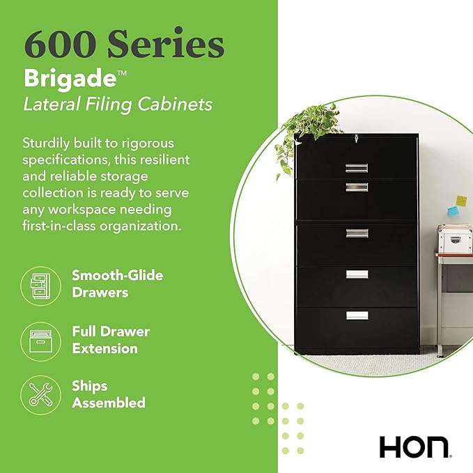 HON 5 Drawer Lateral File Cabinet with Lock, Metal Filing Cabinets for Offices, Adjustable Hangrails for A4, Legal, Letter Files, 18" Deep, Putty