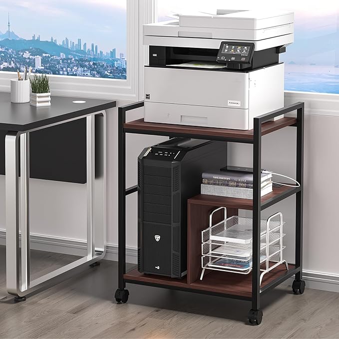 Lerliuo 24" Wide Large Printer Stand with Storage, Printer Table for Home Office with Charging Station, Rolling Industrial Mobile Printer Cart with Lockable Wheels, Computer Tower Stand, Walnut