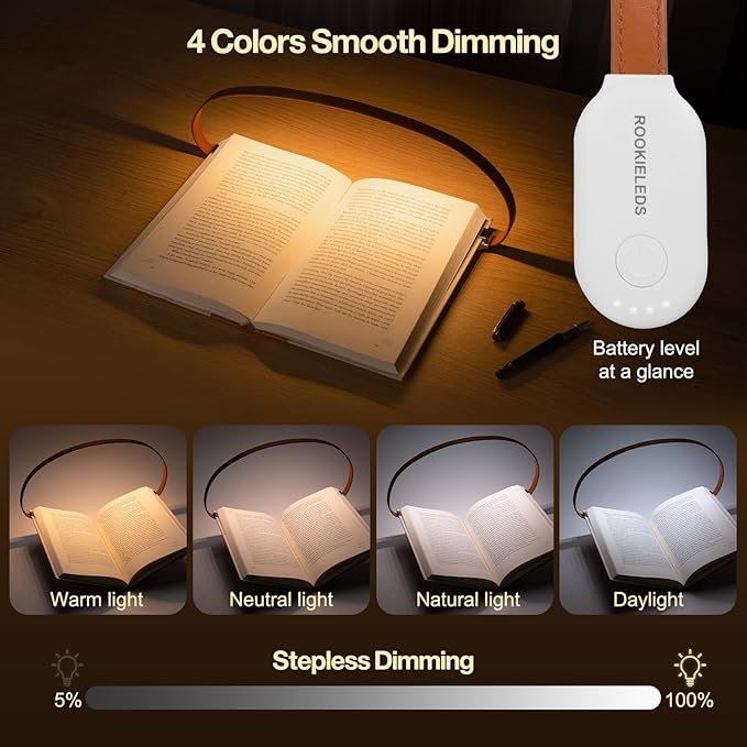 ROOKIELEDS Faux Leather Strip Clip-On Book Light, Rechargeable Reading Light, Full Book Cover, CRI 90+, 4 Colors & Stepless Dimming, Battery Indicator, Portable for Bed Travel Book Lovers