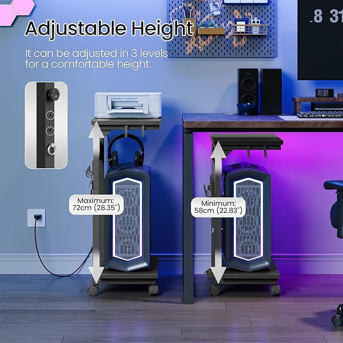 CHOEZON Computer Tower Stand, Height Adjustable PC Holder on Wheels, Computer Stand with Power Outlet, Under-Desk PC Cart with 6 Hooks, Movable Side Table, for Living Room, Office, Black TCJ50UBB