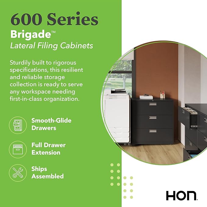 HON 3 Drawer Lateral File Cabinet with Lock, Metal Filing Cabinets for Offices, Adjustable Hangrails for A4, Legal, Letter Files, 18" Deep, Black