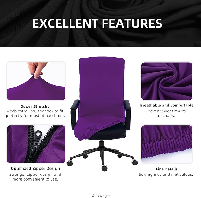 Stretch Computer Office Chair Cover with Durable Zipper - Universal Washable Removable Spandex Rotating Boss Chair Slipcovers - Anti-dust Soft Desk Chair Seat Protector for Dogs, Cats, Pets (Purple)