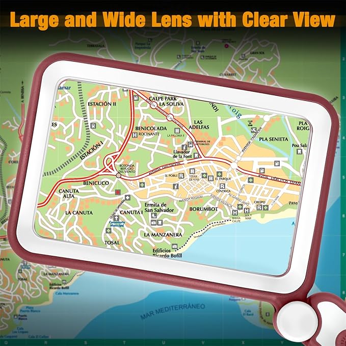 Rechargeable Magnifying Glass with Light for Reading, 5X Large Page Magnifier with LED Lighted for Seniors Low Vision, Folding Handheld Rectangle Magnifier for Reading Small Print, Red-White