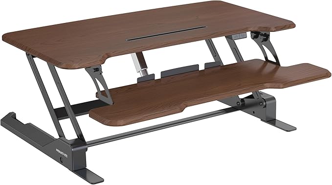 Mount-It! Electric Standing Desk Converter with 38" Tabletop, Height Adjustable Desk Riser, Motorized Desk Riser with Keyboard Tray and Device Slot, Fits Monitor & Laptop, Dark Walnut
