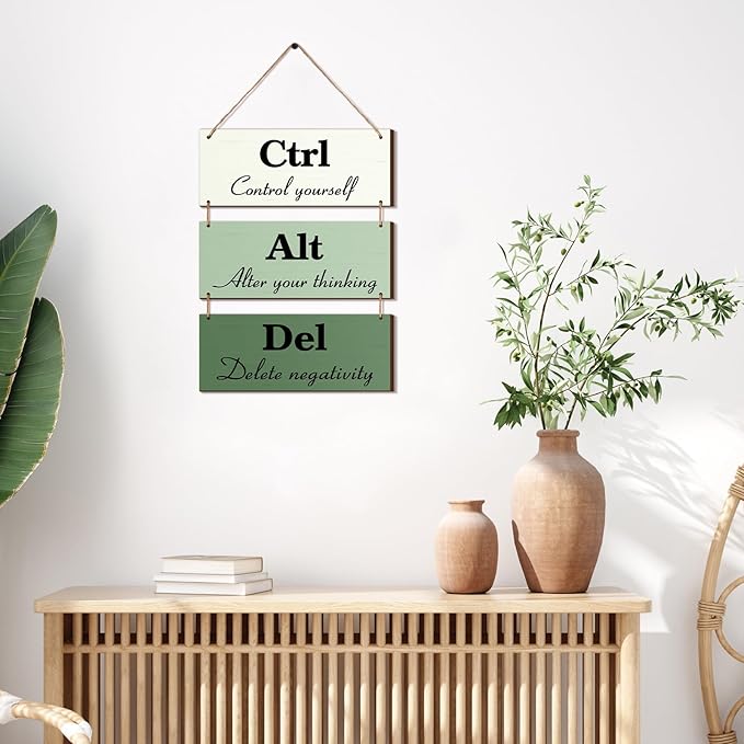 Qunclay 3 Pcs Office Wall Decor Green Wood Rustic Hanging Cubicle Decor Summer Inspirational Ctrl Alt Del Sign Decoration for Bathroom Indoor Home Living Room