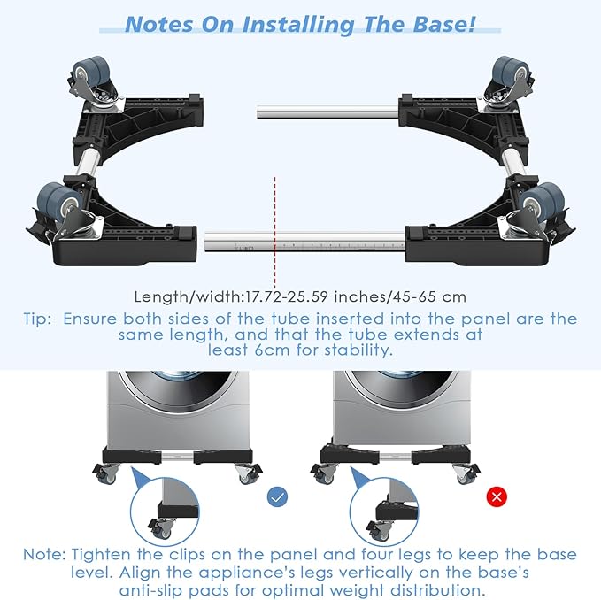 Mini Fridge Stand with 4 Locking Twin Wheels Washing Machine Stand Base Adjustable Furniture Universal Stand Base for Furniture Portable Refrigerator Dryer Stand,Laundry Pedestal 45-65cm(Black, 440LB)