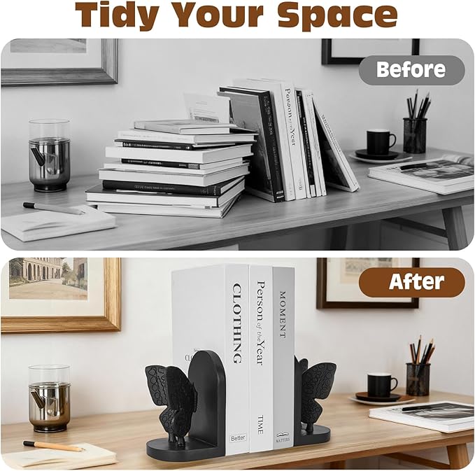Black Butterfly Book Ends for Shelves, Butterflies Statue Decorative Bookends for Heavy Books, Resin Book Ends with Non-Slip Felt Base for Home Farmhouse Shelves Office Lover Gift