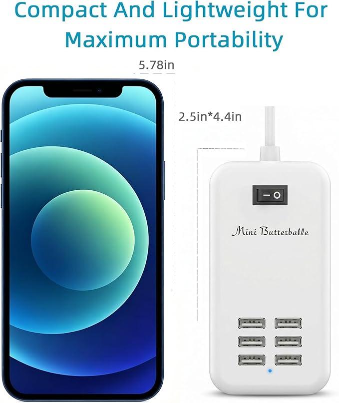 6 Port USB Charging Station, Multi Device USB Charger Hub with ON/Off Power Switch, 5ft Long Cord, Universal Fast Charging Adapter for Cell Phones, Tablets, 5V DC Electronic Devices