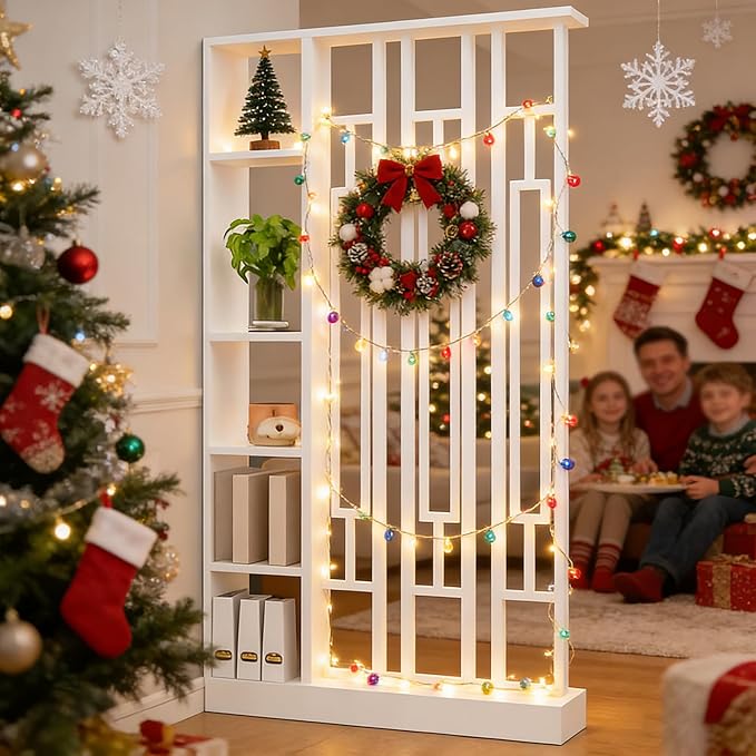Wall Room Divider - Freestanding Wood Room Divider with Shelves, Wall Divider with Storage Cabinet, Easy Assembly Freestanding Decor for Bedroom, Office