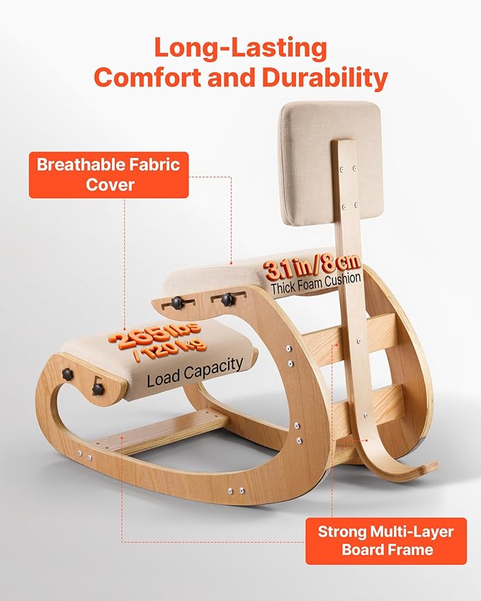 VEVOR Ergonomic Kneeling Chair, Wooden Posture Knee Chair with Adjustable Thick Foam Cushions, Backrest and Wood Frame, Adjustable Height, Relief for Neck or Back Pain for Home, Office or Meditation
