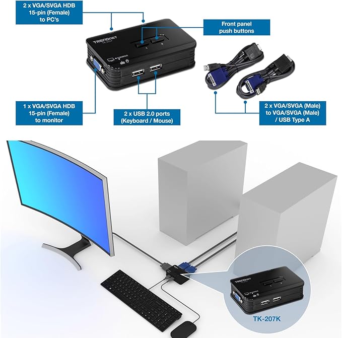 TRENDnet 2-Port USB KVM Switch, TK-207K, Control Two Computers with One Set of Console Controls, 2048 x 1536 Resolution, 60Hz Refresh Rate, All Required Cabling Included, Black