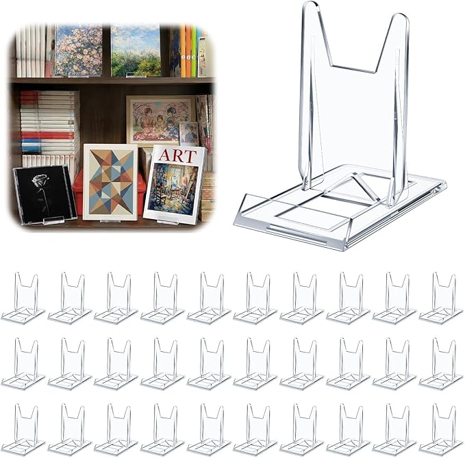 Hushee 30 Pack Acrylic Book Stand for Display Adjustable Clear Book Display Holder Easel Rack Stand for Home Office Back to School Library Bookshelf Comic Album CD Magazine Postcard Artworks