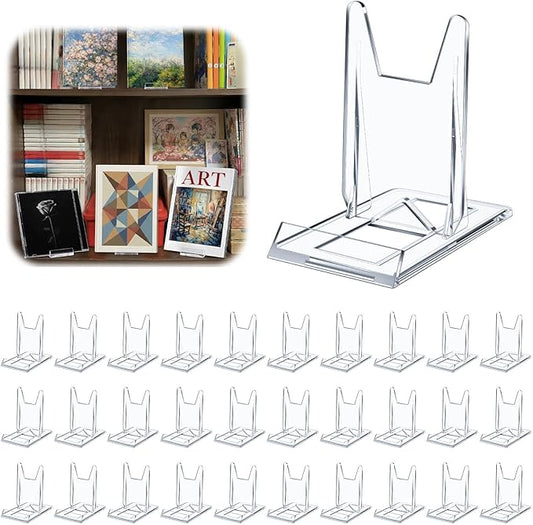 Hushee 30 Pack Acrylic Book Stand for Display Adjustable Clear Book Display Holder Easel Rack Stand for Home Office Back to School Library Bookshelf Comic Album CD Magazine Postcard Artworks