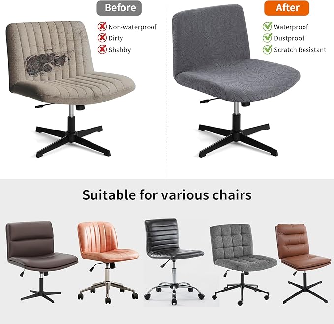 Fuloon Criss Cross Chair Cover, Waterproof, Stretchable, Solid Jacquard, Suited for Armless/Office/Desk/Mid Back Wide Seat/Computer/Task/Vanity/Accent Chair (Leaves -Shaped Jacquard, Dark Grey)