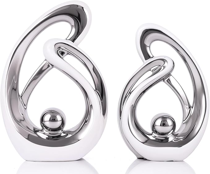 Abstract Ceramic Statue Set of 2, White and Silver Home Decor, Modern Art Living Room Decor, Room Accessories tv cabinets Bookshelves dividers Dining Table centerpieces, Foyer Entry Decor.