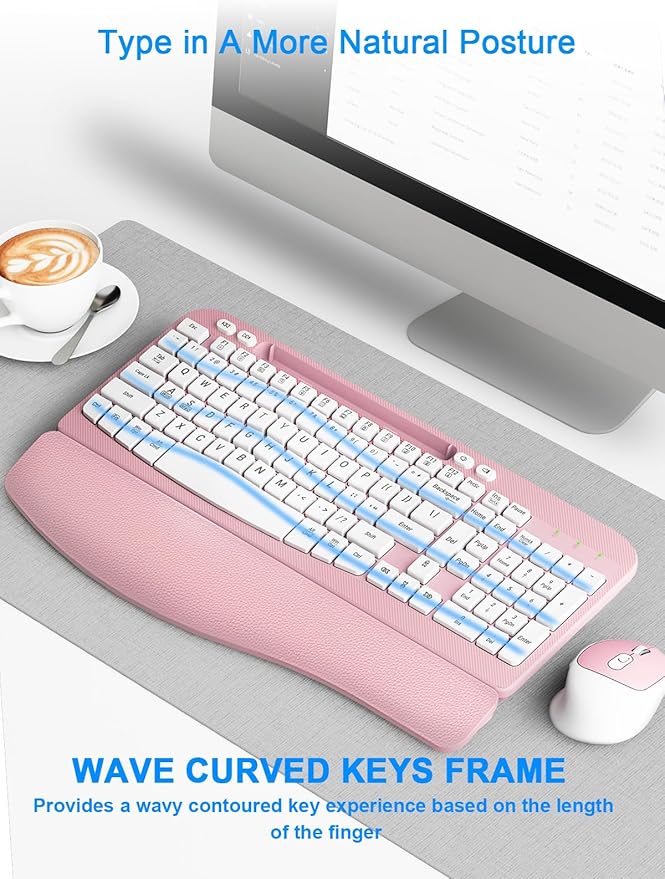 Wireless Keyboard and Mouse Combo, Wave Keys Computer Ergonomic Keyboard with Cushioned Plam Rest, Phone Holder, 2.4GHz Silent 6 Button Wireless Mouse Set for Laptop, PC, Windows, Mac (Pink)