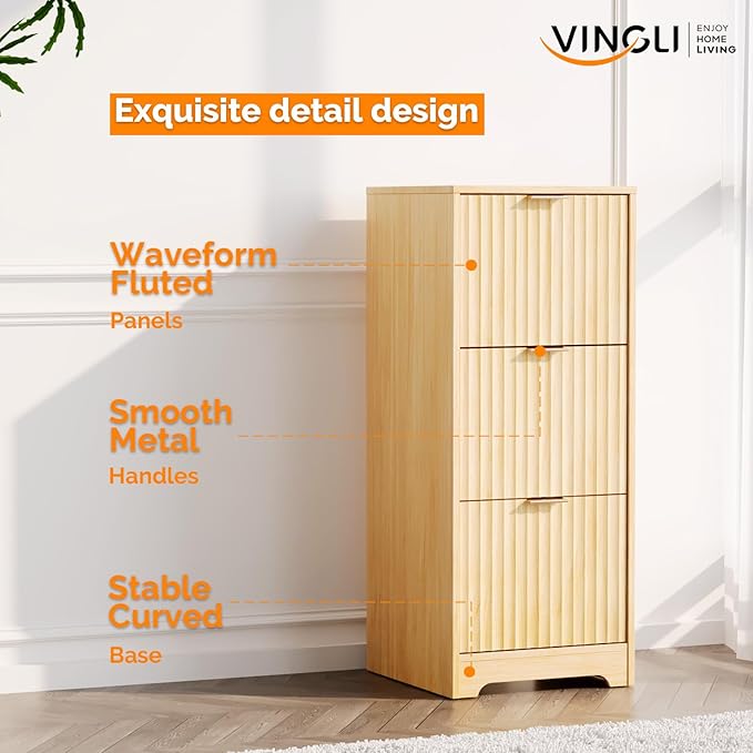 VINGLI Tall 3 Drawer File Cabinet, Home Office Filing Organizer, for Letter Size File Folder Storage, Modern Style Fluted Design, Wood Vertical Filing Cabinet, Printer Stand, Archivador (Oak)