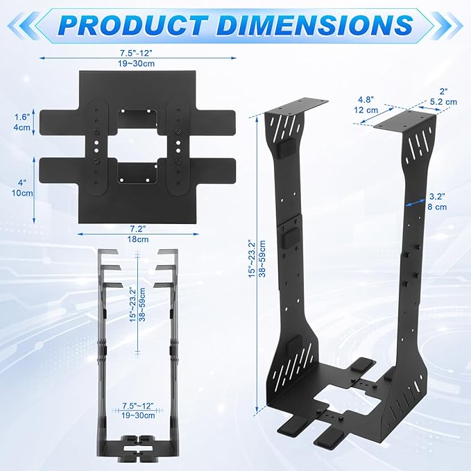 Heavy Duty Adjustable Under Desk PC Holder 7.5 to 12 Inch Wide, Supports up to 80 Lbs Load Capacity, Under Desk PC Mount, Wall Mount Space Saving Computer Case Tower Holder (Black)
