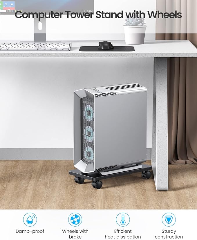 Metal Computer Tower Stand, ORICO Mobile CPU Holder, 4 Caster Wheels Computer Tower Stand Carts on Carpet Fits for Most Computer Tower, Gaming PC, PC Holder, ATX Case（Black, 16.14 * 8.38 * 0.78inch）