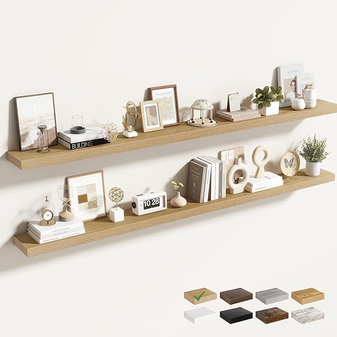 Acovy 72 Inch Floating Shelves for Wall 2 Pack, 72" Wall Shelves for Books, Storage, Decor, Wall Mounted Floating Shelf with Invisible Brackets for Kitchen, Living Room, Oak