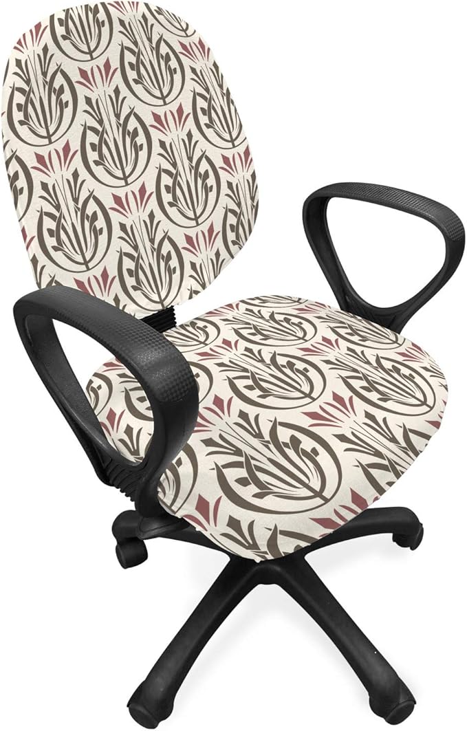 Ambesonne Art Nouveau Office Chair Slipcover, Medieval Inspired Floral Curved Classic Royal Petal Design, Protective Stretch Decorative Fabric Cover, Standard Size, Green Rose