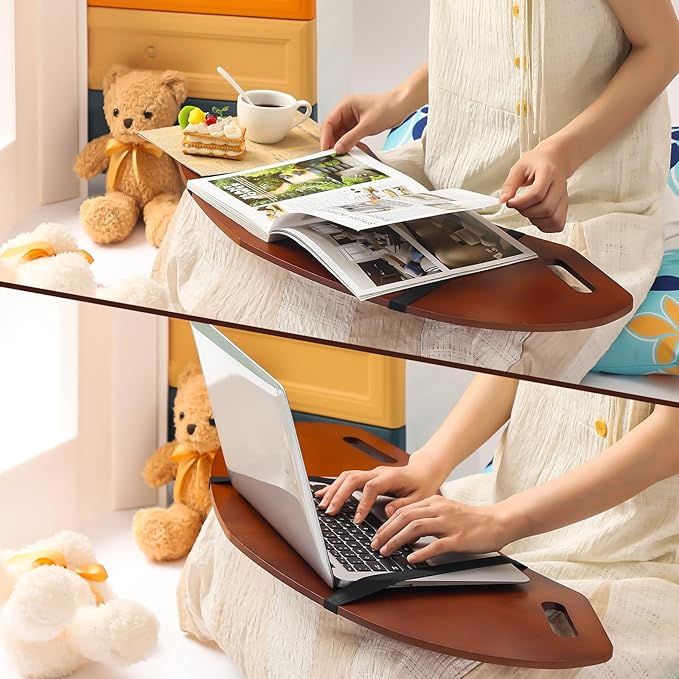 GlikCeil 29.5" Wood Curved Lap Desk Table Tray with Handles Wooden Foldable Desk Curved Bed Lap Board Keyboard Tray for Laptop Computer Mouse(Reddish Brown)