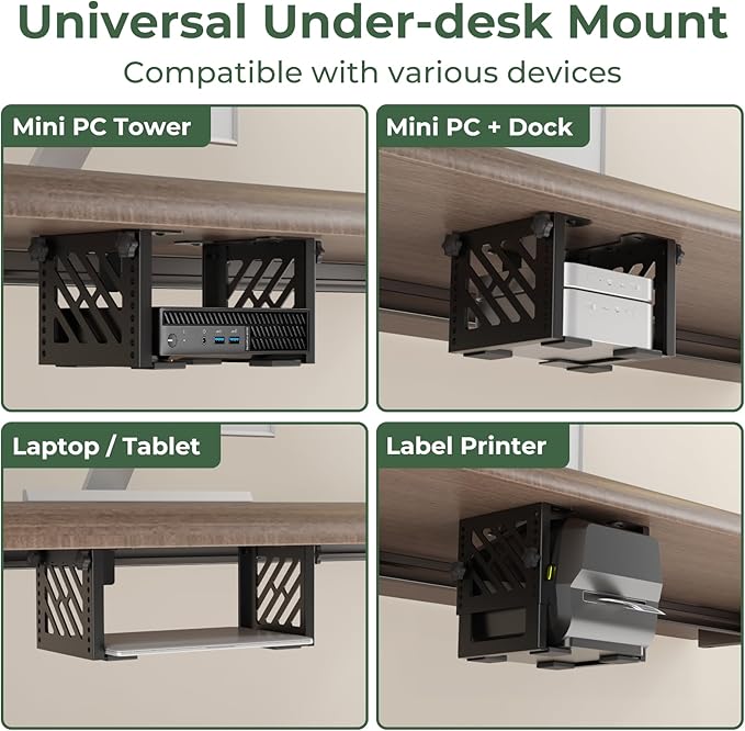 Under Desk Mount Holder for NAS, Mini PC, CPU, UPS, DVD, Label Printer, SFF Desktop Tower, Xbox Series S, Xbox One S/X, Xbox 360, PS4 Slim/Pro, Adjustable Height Under Desk PC Mount with Cable Straps