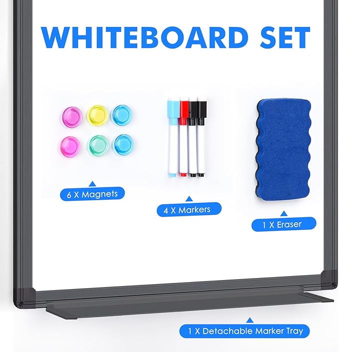 Magnetic Dry Erase Board for Doors, 30x20 Inch Whiteboard with Adjustable Long Arm Hook Mount - Easy to Install, Portable Hanging White Board for Home, Dorm Room, Office Cubicle & Small Spaces(Black)