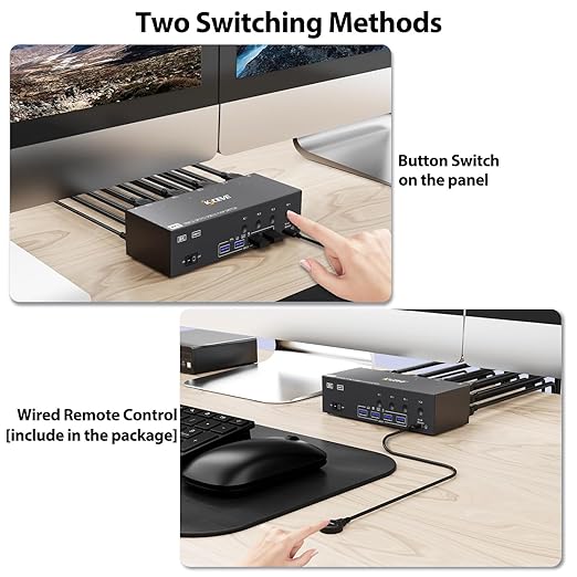 KVM Switch 3 Monitors 4 Computers HDMI + DisplayPort, KCEVE USB 3.0 DP KVM Switcher, 8K@30Hz/4k@144Hz DP KVM for 4 PC Share 3 Display and 4 USB 3.0 Devices