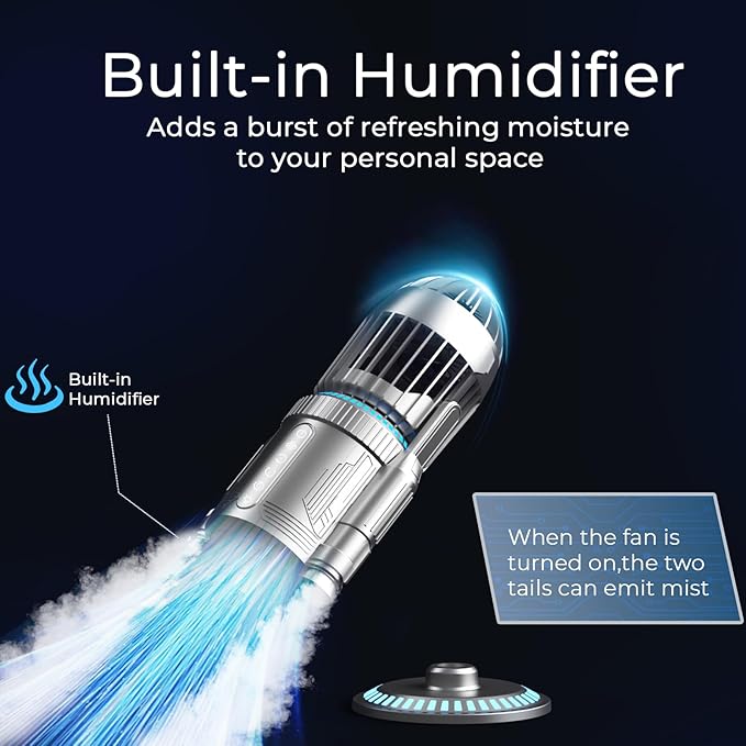 Rocket Desk Fan with Mist Humidifier, 5000mAh Portable Cordless Table Fan, RGB Gaming Room Decor, 180° Auto-Oscillating & Tilt, Quiet Personal Cooling for Office, Bedroom & Gifting (Silver)