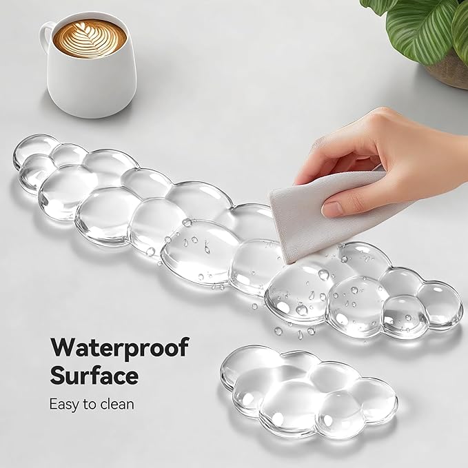 TECKNET Cloud Keyboard Wrist Rest Set, Cloud Wrist Rest with Non-Slip Base, PU Leather Wrist Pad for Keyboard with Ergonomic Memory Foam for Computer Laptop (Cloud Shape, Transparent)