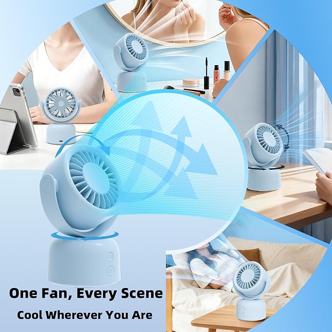 Small Oscillating Desk Fan, Rechargeable USB C Personal Fan, 3 Speeds Quiet Mini Desk Fan with Auto 90° Oscillation & 120° Manual Tilt, 3600mAh Battery Operated Portable Fan for Home Office Bedroom