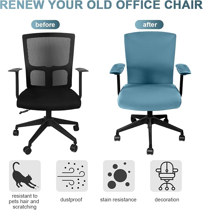 Tallew 4 Pcs Office Chair Covers Set Computer Universal Protective Stretchable Chair Seat Covers Desk Armrest Cover Pads Office Cushion Backrest for Rotating(Regular,Grayish Blue)