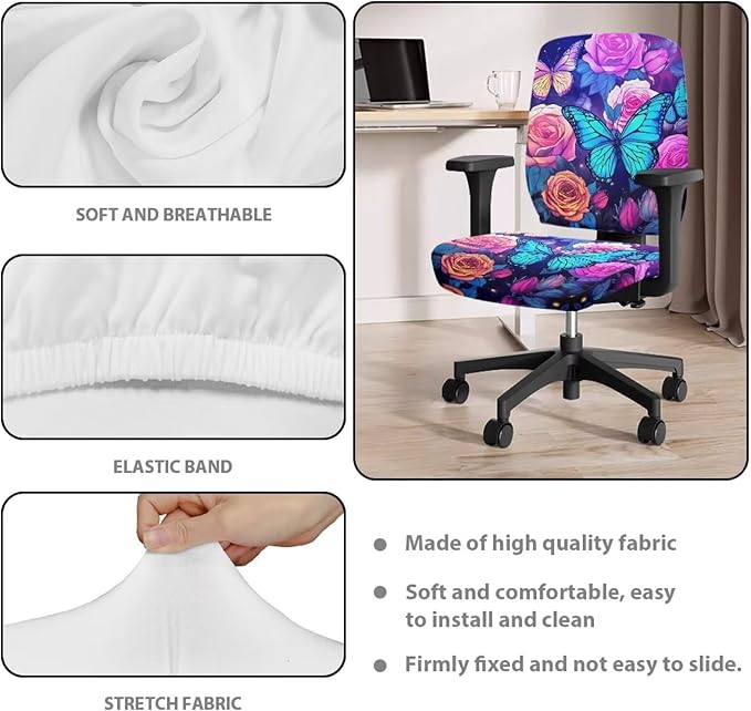 Butterfly Flower Office Chair Covers 2 Piece Stretchable Office Chair Seat Cover Soft Fit Universal Desk Rotating Chair,Computer Chair Washable Chair Cover Decorative for Women Men