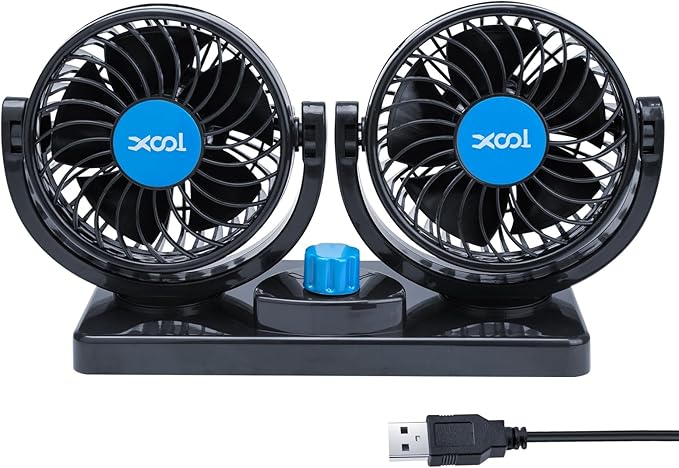 XOOL USB Car Cooling Fans, 2 Speeds Dual Head Car Fan, 360° Rotatable, 5V/2A Powerful Car Fans that Blow Cold Air, Portable Car Fans for Vehicles, SUV, RV, Boat (USB Plug)