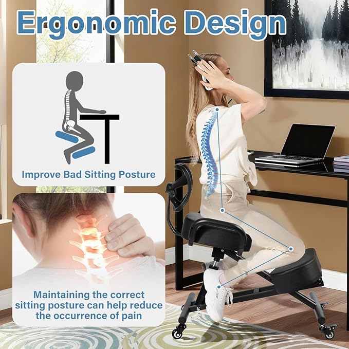 Ergonomic Kneeling Chair with Backrest, Kneeling Chair with Locking Wheels, Adjustable Height Kneeling Support Chairs, PU Computer Kneel Chairs for Living Room