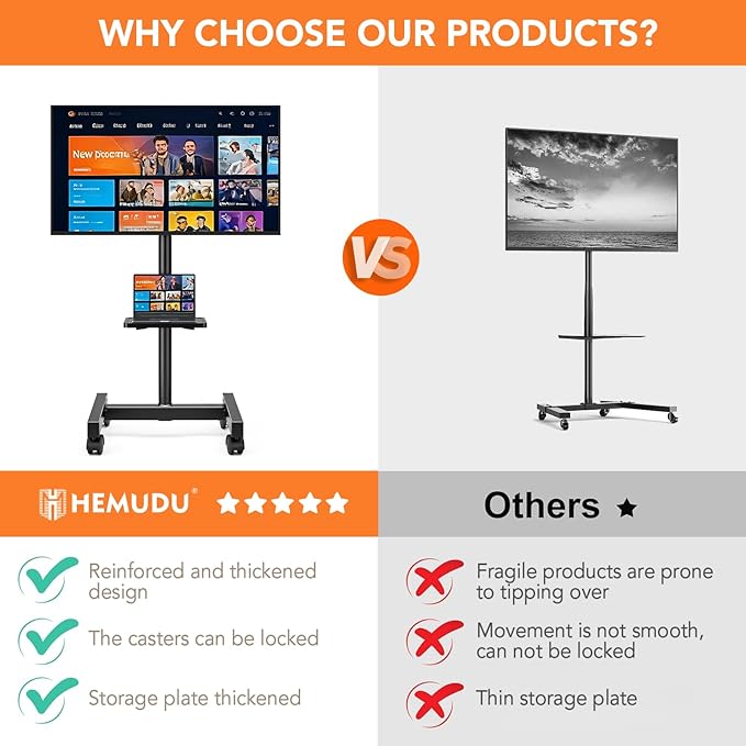 Mobile TV Floor Stand for 13-50 inch LCD LED Flat/Curved Panel Screen TVs up to 44 lbs, Height Adjustable TV Stand Mount with Tilt VESA 200x200, Portable TV Stand with Shelf HT2007BM
