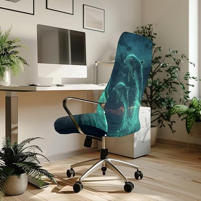Talayituse Dolphin Sky Print Office Chair Covers, Stretch Computer Chair Cover, Universal Boss Chairs Covers Modern Simplism Style High Back Chairs Slipcover, Large