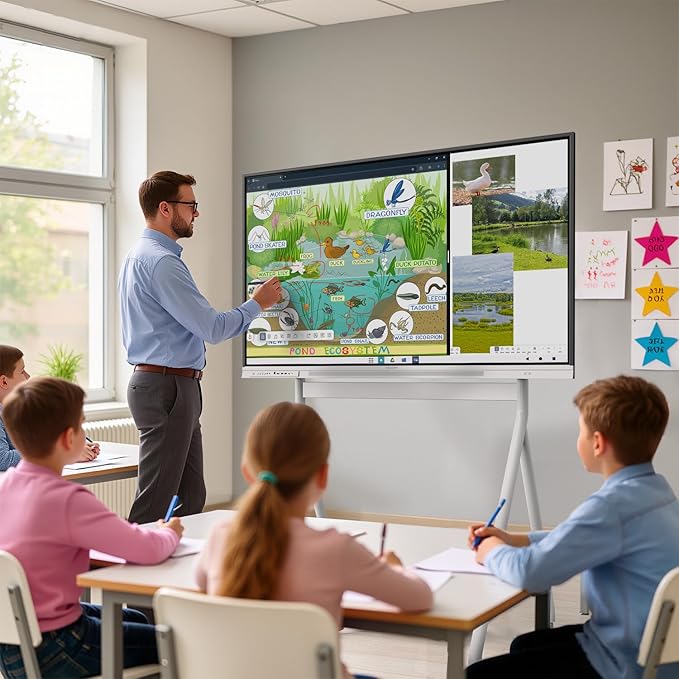 Smart Board, 65" Interactive Whiteboard with Google EDLA, Built-in Digital Whiteboard, Wireless Casting, Split-Screen & Unlimited Canvas for Business and Education (Wall Mount Included)