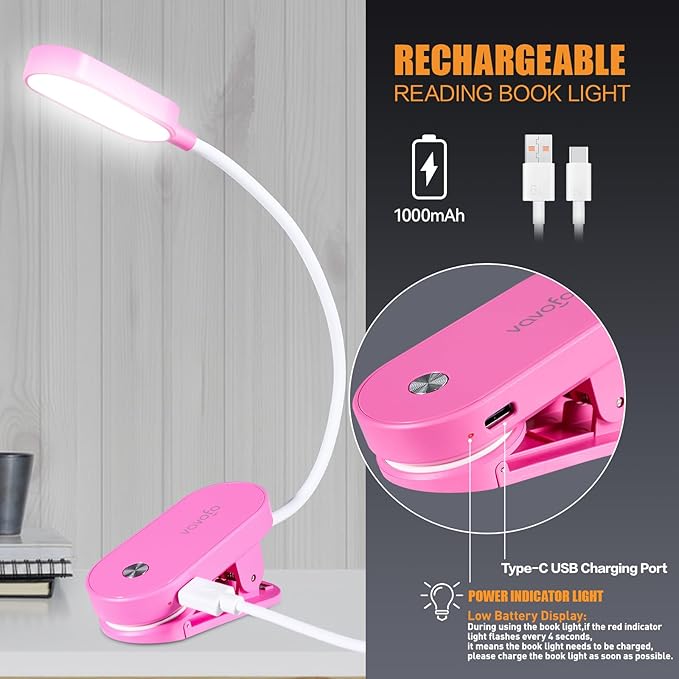 VAVOFO Rechargeable Book Light, 14 LEDs Eye Care Clip On Amber Reading Light for Bookworms Reading in Bed with 9 Colors 9 Brightness (Rose)