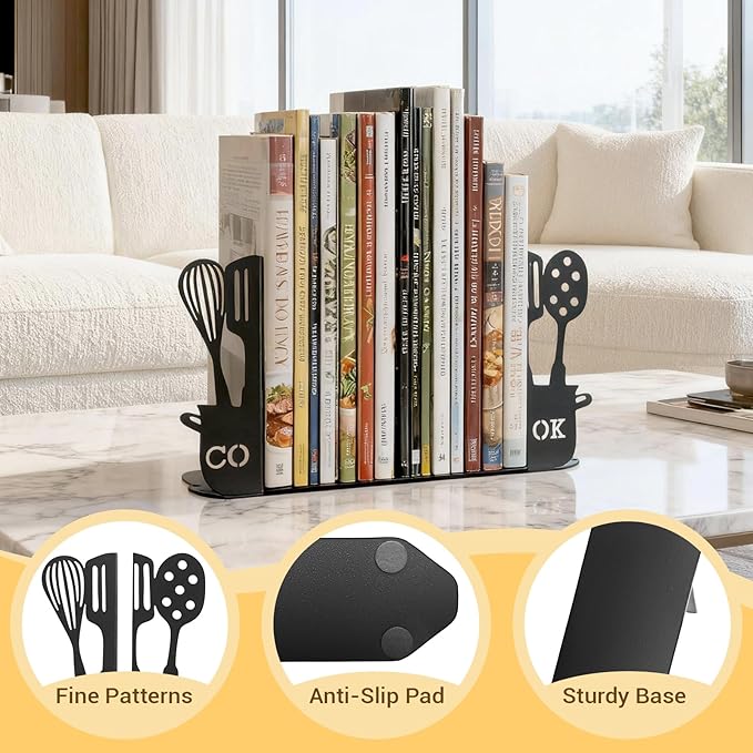 ENCIMART Metal Book Ends for Shelves, Kitchen Bookends Home Decorative Bookends for Heavy Books, Unique Cute Cookbook Organizer Book Holder for Kitchen Housewarming Cooking Book Lover Gifts, Black