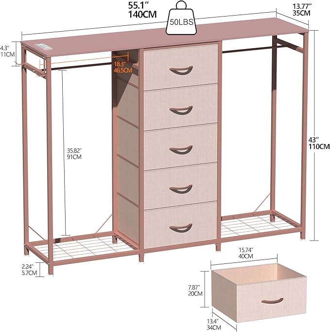Espelism Dresser for Bedroom with Clothes Rack 5 Drawer Dresser with Charging Station LED Lights White Chest of Drawers Flexible Shelf and Open Storage Space for Bedroom Living Room (Pink)