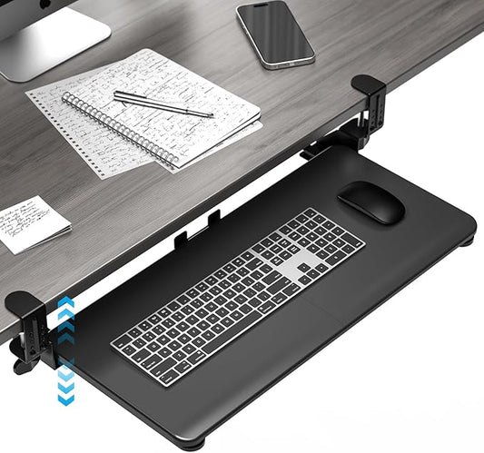Keyboard Tray Under Desk, Pull Out Keyboard & Mouse Tray with Adjustable C-clamp, 25.6(31.5 Including Clamps) x 11.8 Inch Slide Out Computer Keyboard Drawer Mouse Tray for Typing, Black